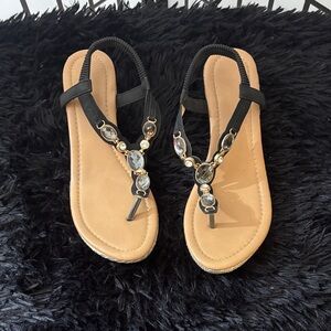 Embellished Black T-Strap Women's Sandals
